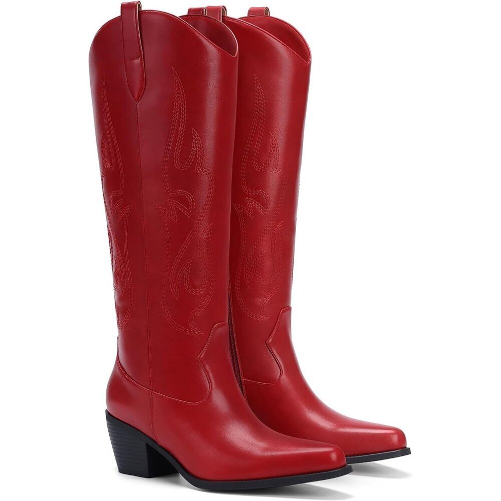 Women's Red Knee High Wide Calf Cowgirl Boots Slip On Pointed Toe Chunky Heel - Picture 5 of 6